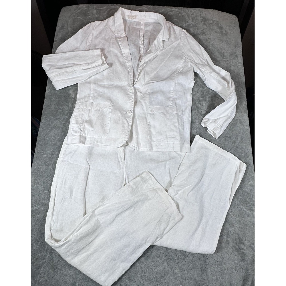 Eileen Fisher Linen 2 Piece Pant Suit Set Large White Jacket Blazer & Ankle Pant